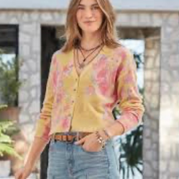 Sundance Sweaters - Sundance Dahlia floral yellow/pink crop cardigan